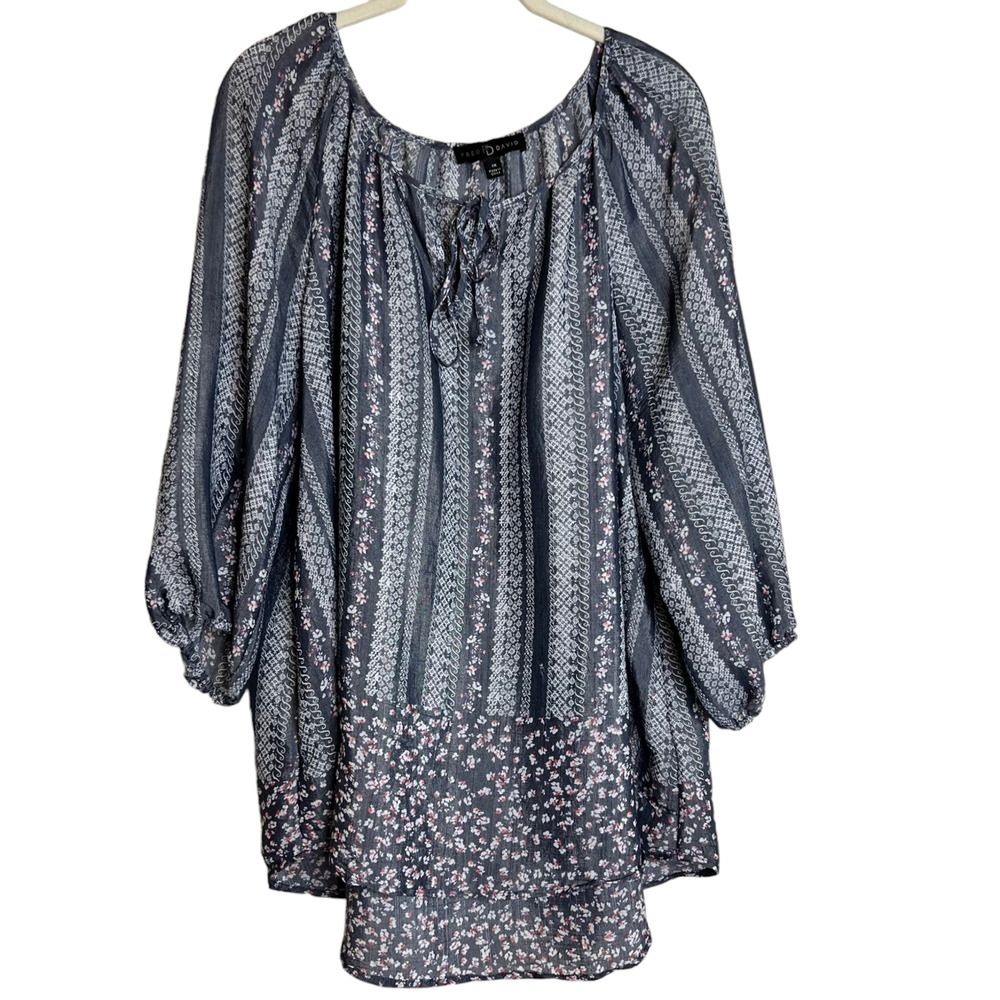 Fred David Womens Peasant Blouse 1X Gray Floral Ties at Neck Puff Sleeve Boho